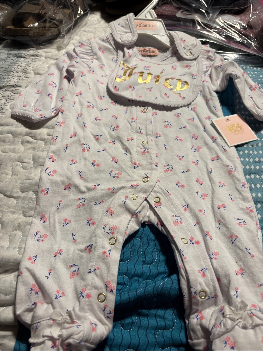 Juicy Couture Pink Floral Baby One-Piece with Bib